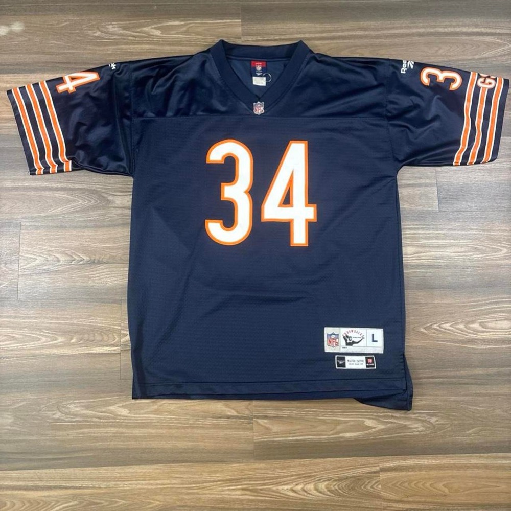 NFL Chicago Bears Walter Payton navy blue jersey with orange stripes on sleeves